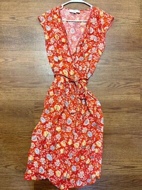 LOFT Red Floral Faux Wrap Tie Waist Dress Size 14